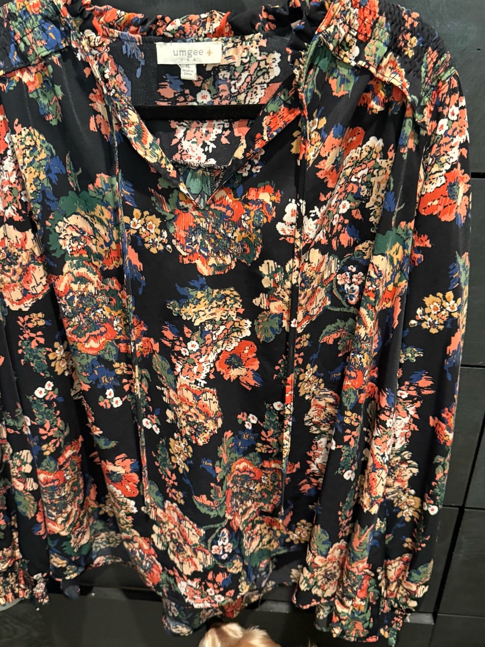 Umgee Black Floral Tie-Neck Blouse with Orange Coral and Green Accents